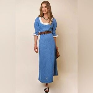 RIXO Blue Maxi Dress with White Lace Details